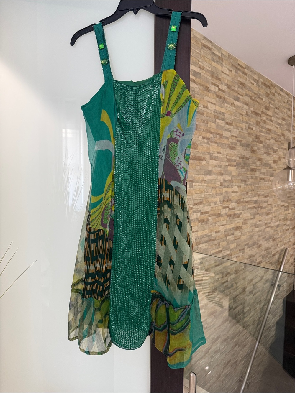 Save the Queen - Green Patterned Sleeveless Women's Dress with stones